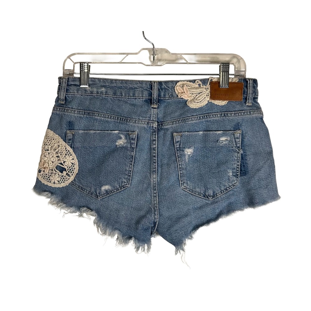 Zara Trafaluc Blue Distressed Crochet Lace Denim Shorts Women 6 High Rise Cutoff - Picture 4 of 9